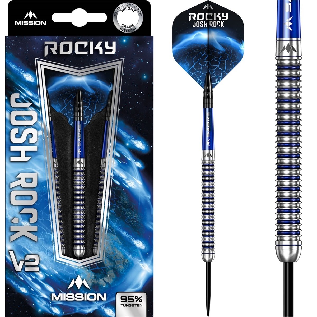 Mission Josh Rock v2 95% Silver & Blue PVD 22G gram steel darts