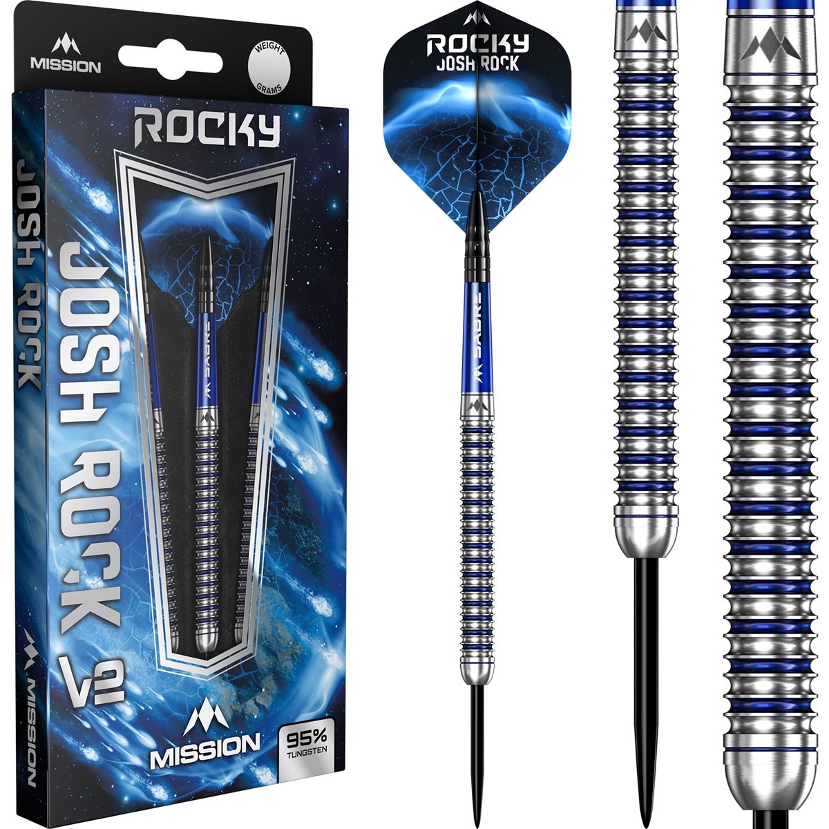 Mission Josh Rock v2 95% Silver & Blue PVD 22G gram steel darts