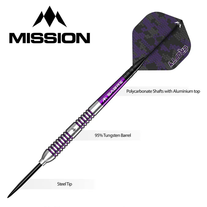 MISSION JOE CROFT DARTS - STEEL TIP - 95% TUNGSTEN - SILVER & PURPLE ELECTRO 23G