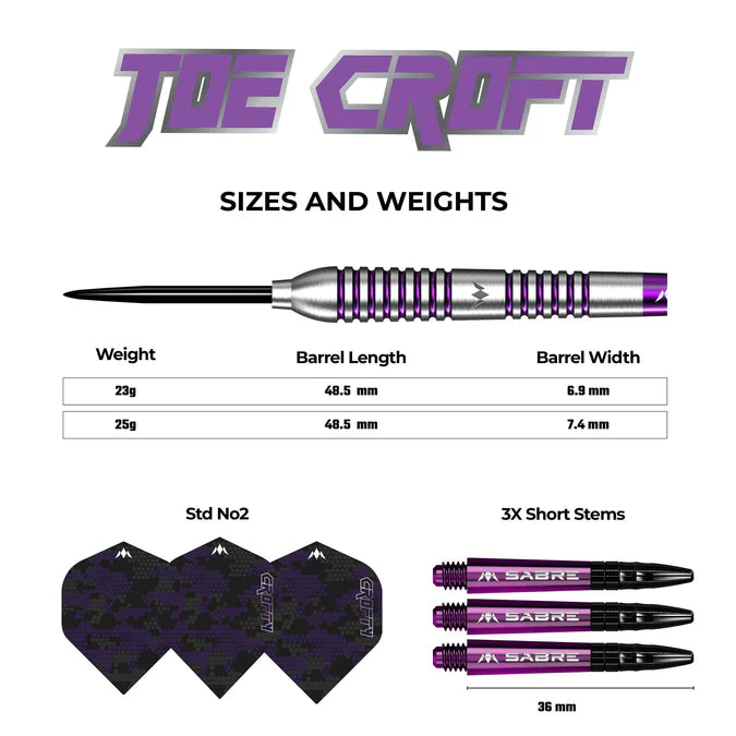 MISSION JOE CROFT DARTS - STEEL TIP - 95% TUNGSTEN - SILVER & PURPLE ELECTRO 23G