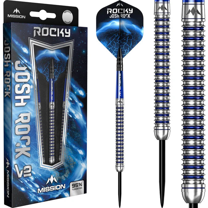 MISSION JOSH ROCK DARTS V2 - STEEL TIP - 95% - ROCKY - SILVER & BLUE PVD 26G