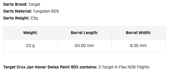 Target Japan Crux Jpn Honor Swiss Point 90% Darts 23G