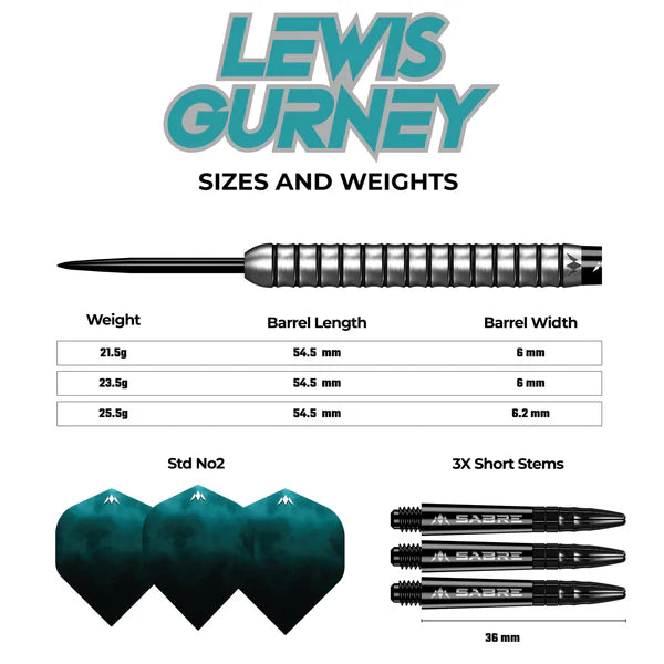 Mission Lewis Gurney Darts - Steel Tip - 95% Tungsten - Silver-Black Rings 22G