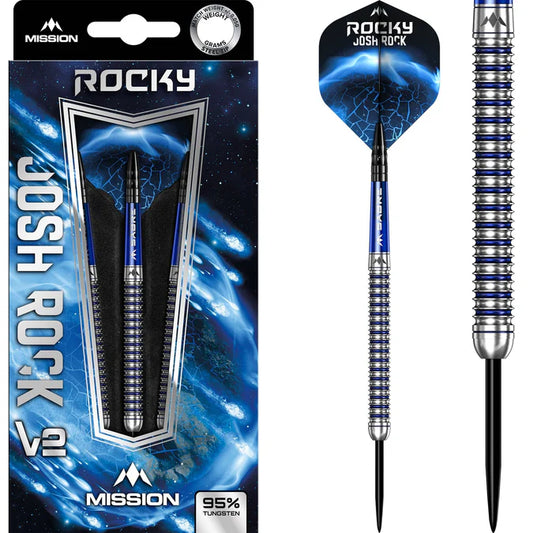 MISSION JOSH ROCK DARTS V2 - STEEL TIP - 95% - ROCKY - SILVER & BLUE PVD 26G