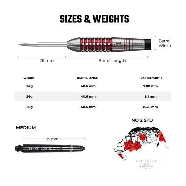 Legend Darts - Legend Darts - Steel Tip - 90% Tungsten - The Lancashire Rose - Lisa Ashton - Electro Red