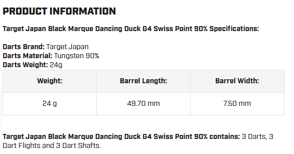 Target Japan Black Marque Dancing Duck G4 Swiss Point 90% Darts 24G