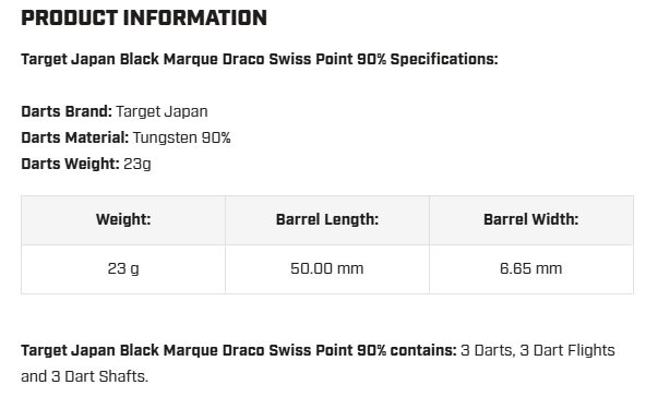 Target Japan Black Marque Draco Swiss Point 90% Darts 23G