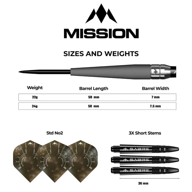 MISSION SATURN DARTS - STEEL TIP - 90% TUNGSTEN - TITAN 22G